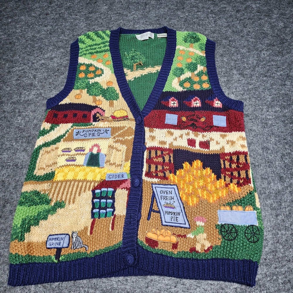 Heirlooms VTG Hand Knit Fall Autumn Pumpkin Patch Sweater Vest Cardigan Large